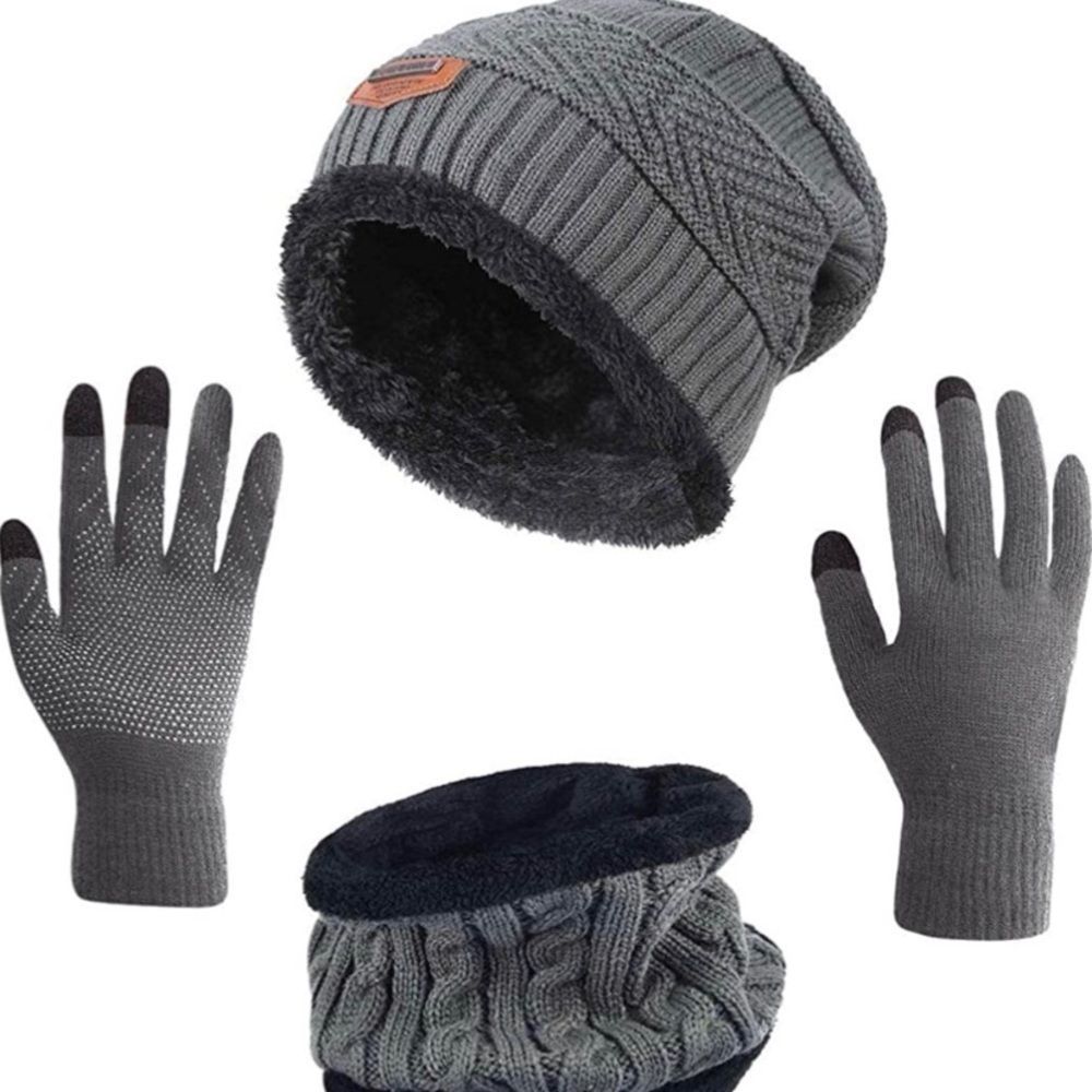 Gray Hat Scarf Gloves Set Beanie Hat Knit Skull Caps  Neck Warmer for M…​​